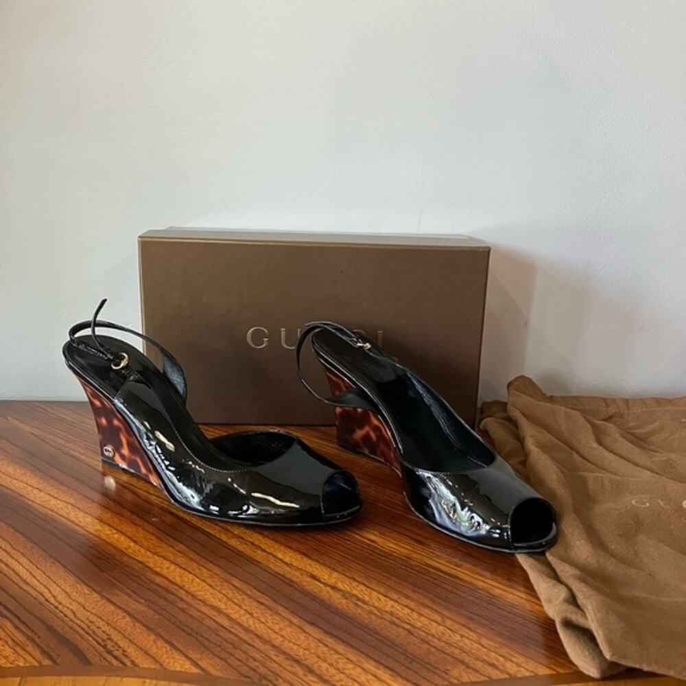 Gucci Vitello Vernice Soft Black Wedges Women 10 B